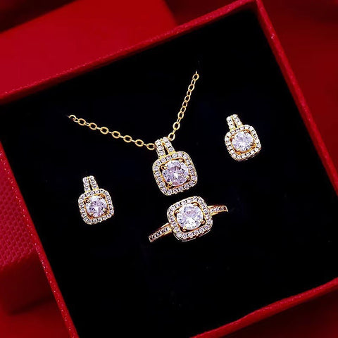 Fashion Jewelry Set – Gold Zircon Gem Pendant Necklace, Stud Earrings & Statement Wedding Ring for Women