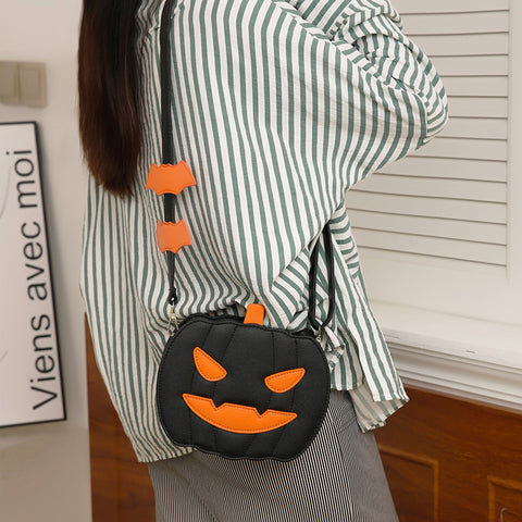 2023 Halloween Pumpkin Cartoon Crossbody Bag – Funny & Creative Shoulder Bag with Bat Design for Women