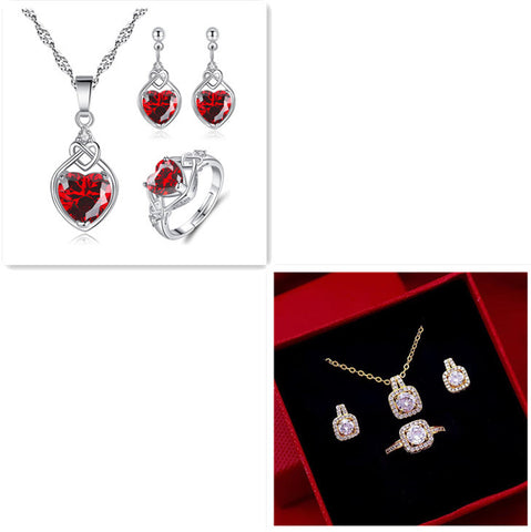 Fashion Jewelry Set – Gold Zircon Gem Pendant Necklace, Stud Earrings & Statement Wedding Ring for Women