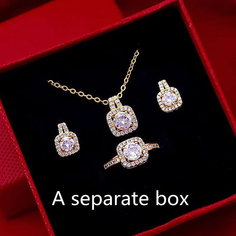 Fashion Jewelry Set – Gold Zircon Gem Pendant Necklace, Stud Earrings & Statement Wedding Ring for Women