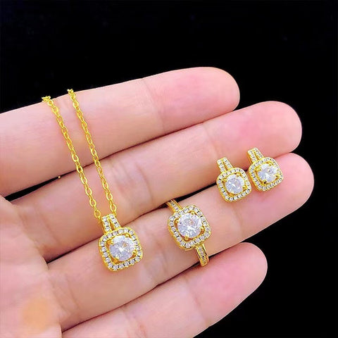 Fashion Jewelry Set – Gold Zircon Gem Pendant Necklace, Stud Earrings & Statement Wedding Ring for Women