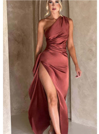 Elegant One-Shoulder Backless Satin Dress – Slim Fit Summer Slit Gown for Women