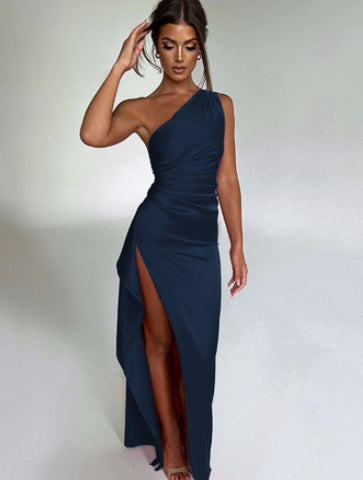 Elegant One-Shoulder Backless Satin Dress – Slim Fit Summer Slit Gown for Women