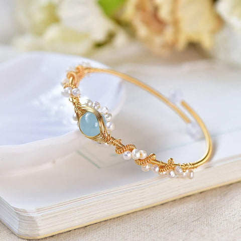 Vintage Gold-Plated Pearl Bracelet – Wire-Braided Cuff Bracelet for Women, Elegant Fashion Jewelry