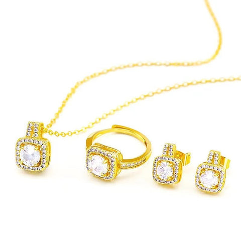 Fashion Jewelry Set – Gold Zircon Gem Pendant Necklace, Stud Earrings & Statement Wedding Ring for Women