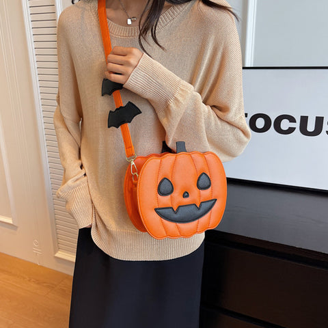 2023 Halloween Pumpkin Cartoon Crossbody Bag – Funny & Creative Shoulder Bag with Bat Design for Women