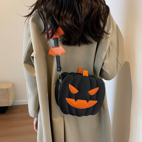 2023 Halloween Pumpkin Cartoon Crossbody Bag – Funny & Creative Shoulder Bag with Bat Design for Women