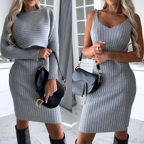 2PCS Women's Striped Top & Suspender Skirt – Elegant Slim Fit Autumn/Winter Outfit