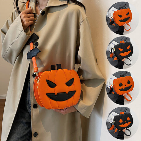 2023 Halloween Pumpkin Cartoon Crossbody Bag – Funny & Creative Shoulder Bag with Bat Design for Women